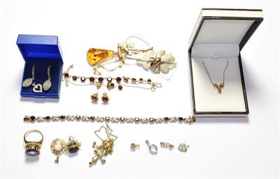 Lot 185 - A 9 carat gold amber pendant on a 9 carat gold chain, pendant length 4.4cm, length 52.5cm; a garnet