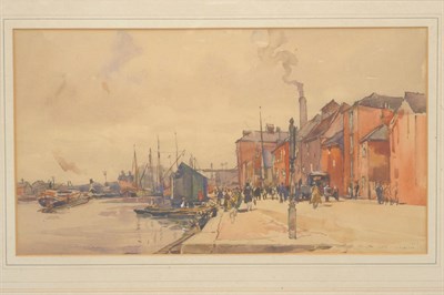 Lot 847 - Frederick (Fred) Lawson (1888-1968) Figures and vehicles on a quayside Signed and dated 1936,...