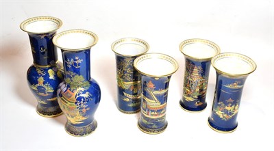 Lot 197 - Carlton ware chinoiserie lustre vases comprising two matched pairs of sleeve vases, and a...