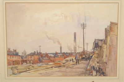 Lot 848 - Frederick (Fred) Lawson (1888-1968) Woodyard with figures beside a canal Pencil and...