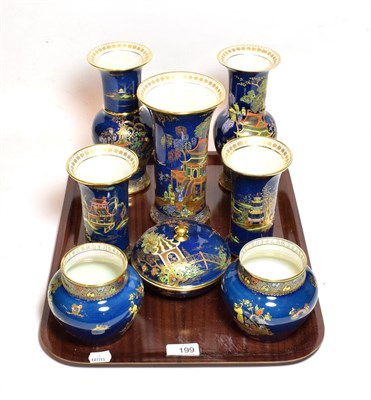 Lot 199 - Carlton ware chinoiserie lustre vases comprising three matched pairs of vases, a bowl and cover and