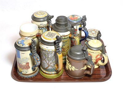 Lot 204 - Mettlach steins with various painted scenes including Villeroy & Boch examples and 'The Red Knight'