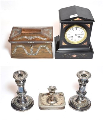 Lot 214 - Rosewood tea caddy, pair of Old Sheffield plate candlesticks, chamber candlestick and a mantle...