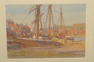 Lot 850 - John Sanderson-Wells (1872-1955) Quayside at Whitby with figures unloading a boat Signed,...