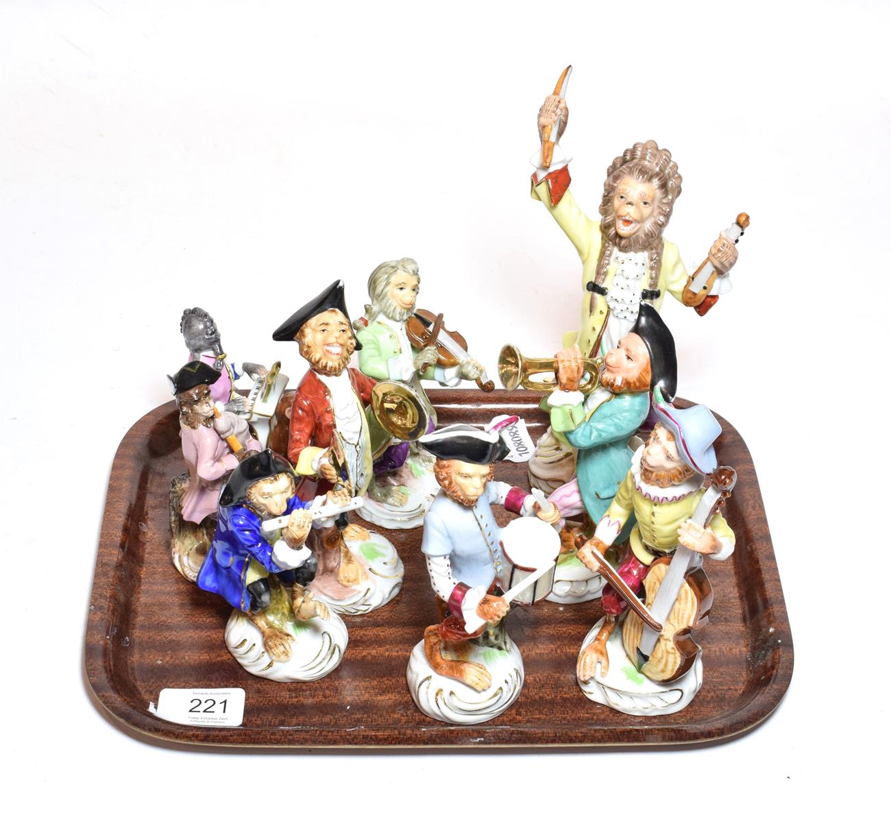 Lot 221 - Various 20th century Dresden monkey band figures (9)