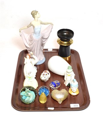 Lot 222 - Lladro figures, Coalport, Royal Worcester candle snuffers, glass paperweights including Okra & Isle