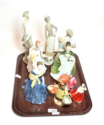 Lot 228 - A tray of ceramic figures including Lladro and Royal Doulton together with a box of...