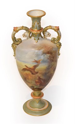 Lot 230 - A Royal Worcester porcelain twin-handled vase, painted by James Stinton, painted with...