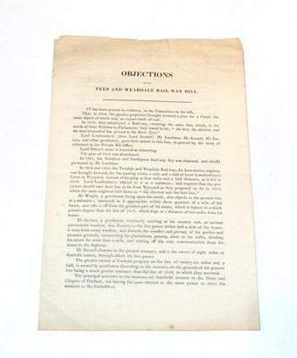 Lot 232 - Railway History, Objections to the Tees and Weardale Rail-Way Bill, 3 pages and title, 1825 or...