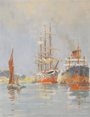 Lot 853 - Frank Henry Algernon Mason RI, RBA (1876-1965) Tall ship, steamer and other vessels off a coastline