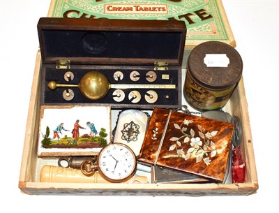 Lot 255 - A selection of collectables consisting of a Sike's hydrometer in a mahogany box, tortoiseshell...