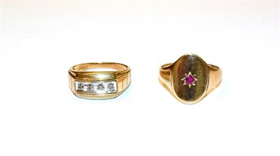 Lot 258 - A 9 carat gold diamond four stone ring, finger size R; and a 9 carat gold signet ring, finger...