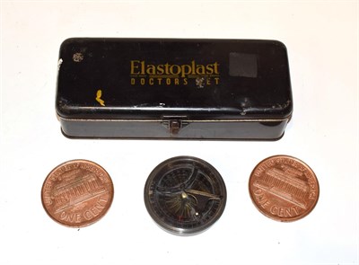 Lot 275 - A pocket compass with sundial; together with two large 1972 US One Cent medallions and an...