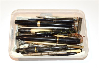 Lot 277 - A collection of silver propelling pencils, fountain pens and other related items, some damaged...