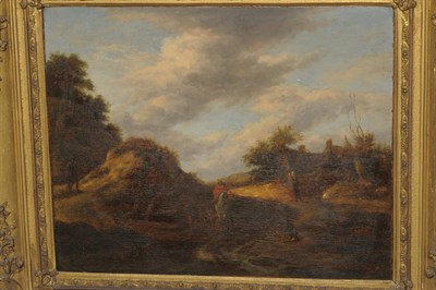 Lot 858 - Follower of Jan Wynants (17th/18th century) Dutch Travellers on a country track Oil on panel,...