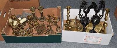 Lot 296 - Brass wall sconces, brass candlesticks, furniture feet etc (in two boxes)