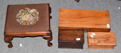 Lot 301 - Early 20th century walnut foot stool, mahogany hinged box, 18th century small box and a olive...