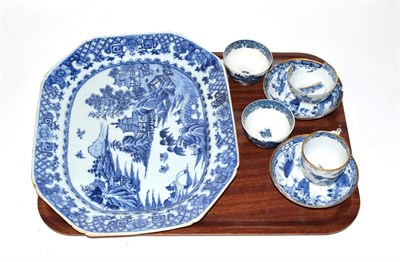 Lot 326 - A 19th century Chinese export blue and white plate, 38cm by 30cm, together with two 18th...