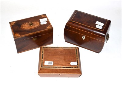 Lot 331 - A bird's eye maple two-division tea caddy, circa 1830; a George III inlaid mahogany tea caddy;...