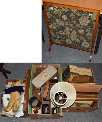 Lot 334 - A small group of pictures including watercolours, together with a needlework fire screen, 19th...