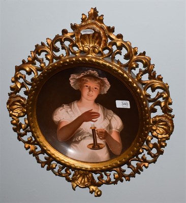 Lot 340 - After Georg Hom (1838-1911) ''Lisette'', a painted Vienna porcelain dish, within a gilt carved wood