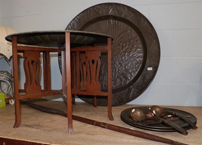 Lot 349 - A Benares brass and enamel tray top table with folding stand, a large punch decorated copper...