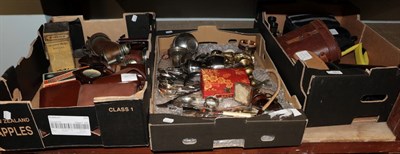 Lot 351 - Three boxes of binoculars, telescope, plated ware etc