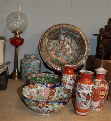 Lot 355 - A group of Oriental items including Japanese Kutani vases (converted); Imari bowl; and modern...