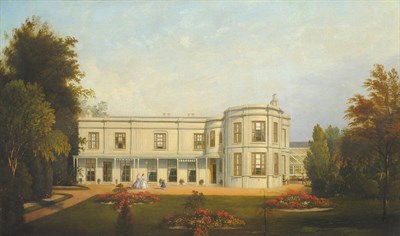 Lot 865 - English School (19th century) Country house with figures in a garden Oil on canvas, 51cm by 84cm