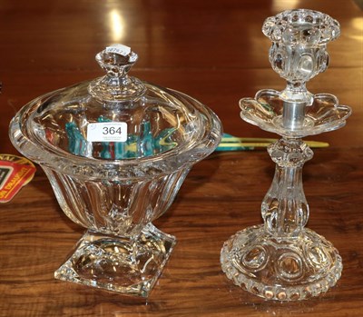 Lot 364 - Baccarat candlestick; a large Bohemian pedestal bowl; and a glass jar and cover (3)