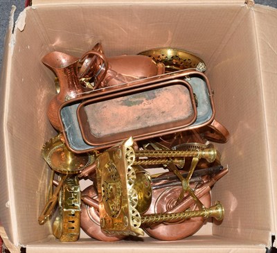 Lot 371 - A box of assorted 19th century copper and brass, including harvest jugs, trivets etc