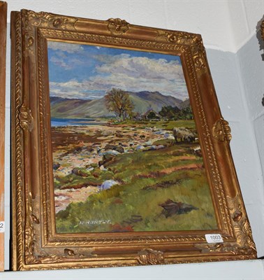Lot 1003 - Nancy Weir Huntly (1890-1963) Extensive Scottish landscape with cottage, signed, oil on board, 47cm