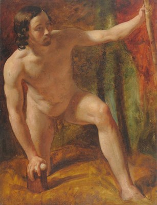 Lot 869 - William Etty RA (1787-1849) Study of a male nude, crouching, his left hand holding a wooden...