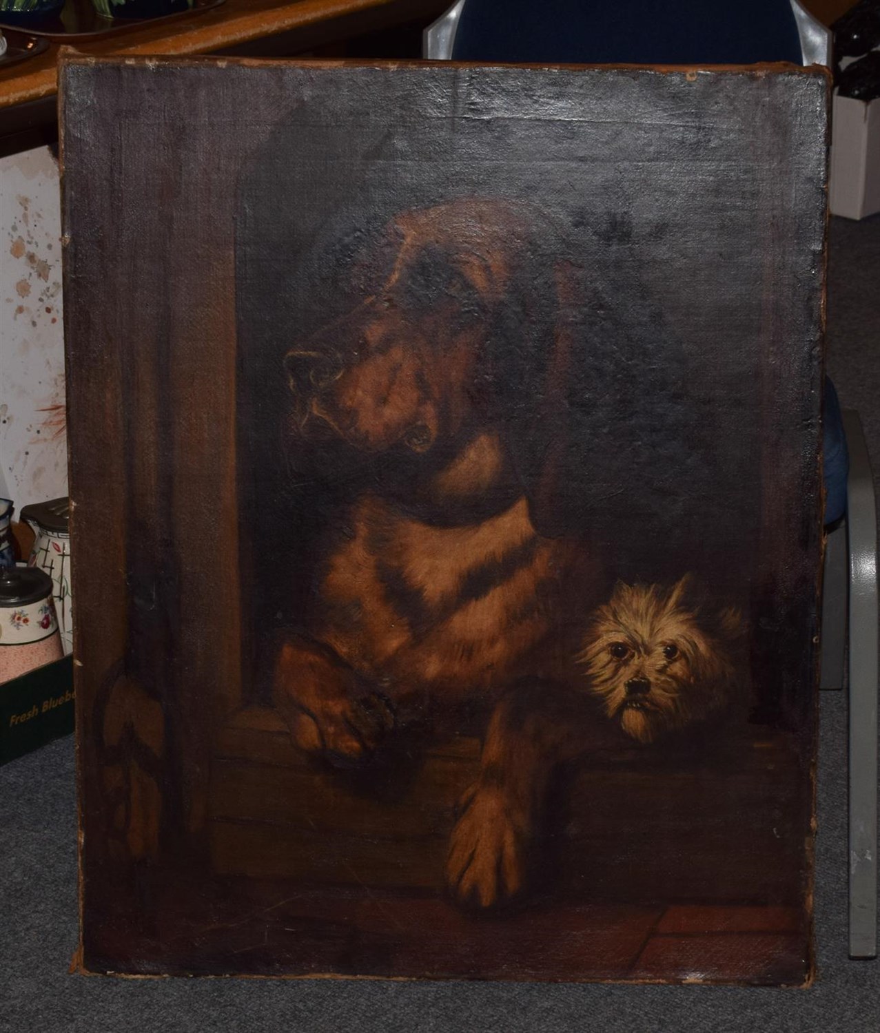 Lot 1019 - After Sir Edwin Henry Landseer, Bloodhound and terrier in a kennel, oil on canvas, 80cm by 64cm...