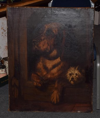 Lot 1019 - After Sir Edwin Henry Landseer, Bloodhound and terrier in a kennel, oil on canvas, 80cm by 64cm...