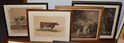 Lot 1020 - Two engravings of cows and three black & white engravings after G Moorland (5)