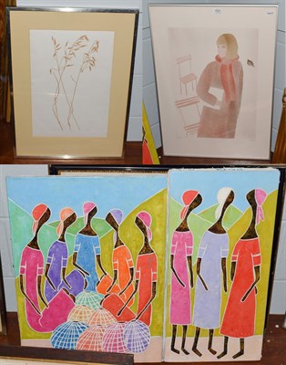 Lot 1021 - Hilome Jose (20th century) Two figural groups, signed, acrylic on canvas; together with Henry Evans