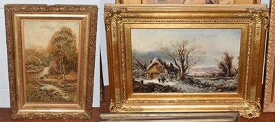 Lot 1022 - A* Jacobi (19th/20th century) Mother and child approaching a thatched cottage in a snowbound...