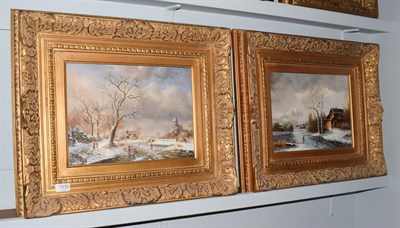 Lot 1030 - Adrian Norley (20th century) Figures skating in a frozen landscape, signed, oil on board,...