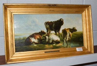 Lot 1033 - Manner of Thomas George Cooper (1836-1901) Cattle in landscape, bears signature, oil on panel...
