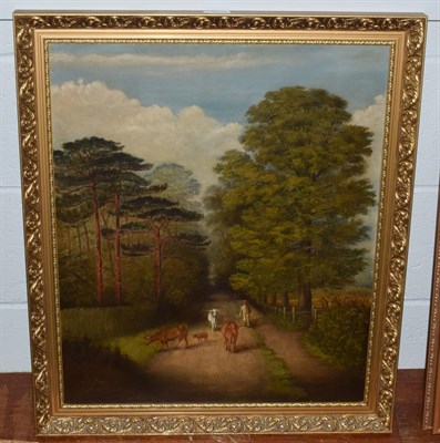 Lot 1038 - Manner of William Eddowes Turner (19th Century) Figure with dogs and cattle on a country track, oil