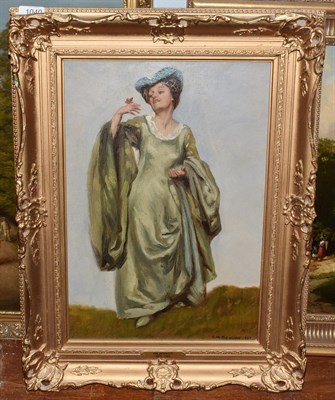 Lot 1040 - Frank Moss Bennett (1874-1952), Standing lady in Elizabethan dress admiring a butterfly, signed and