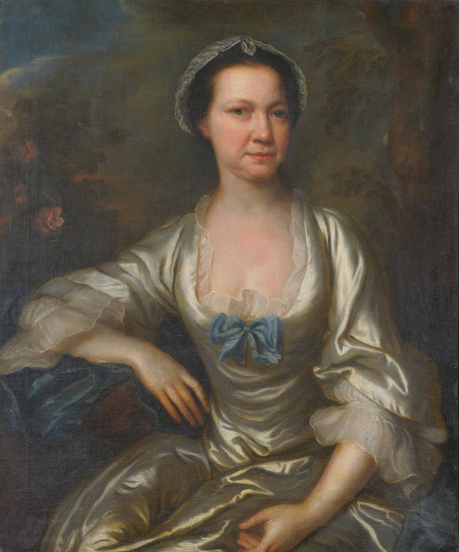 Lot 872 - Style of Thomas Bardwell (1704-1767) Portrait of Mrs Moore, seated, three quarter length, wearing a