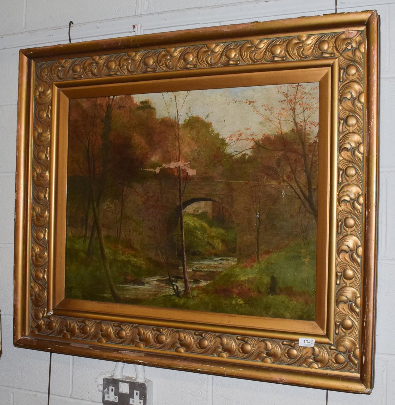 Lot 1046 - British School (19th century) Autumnal Landscape with bridge, indistinctly monogrammed and...