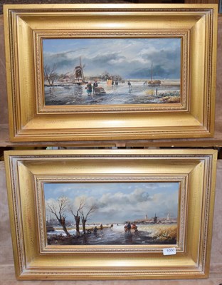 Lot 1050 - P* Miller (20th/21st century), Frozen Dutch river landscape, signed, oil on panel, together...