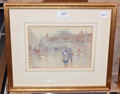 Lot 1057 - Sydney Carter, Figures in a village square, signed watercolour heightened with white, 16.5cm by...