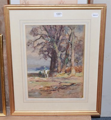 Lot 1061 - Thomas W Morley, Travellers on a path by trees, watercolour, 39cm by 27.5cm