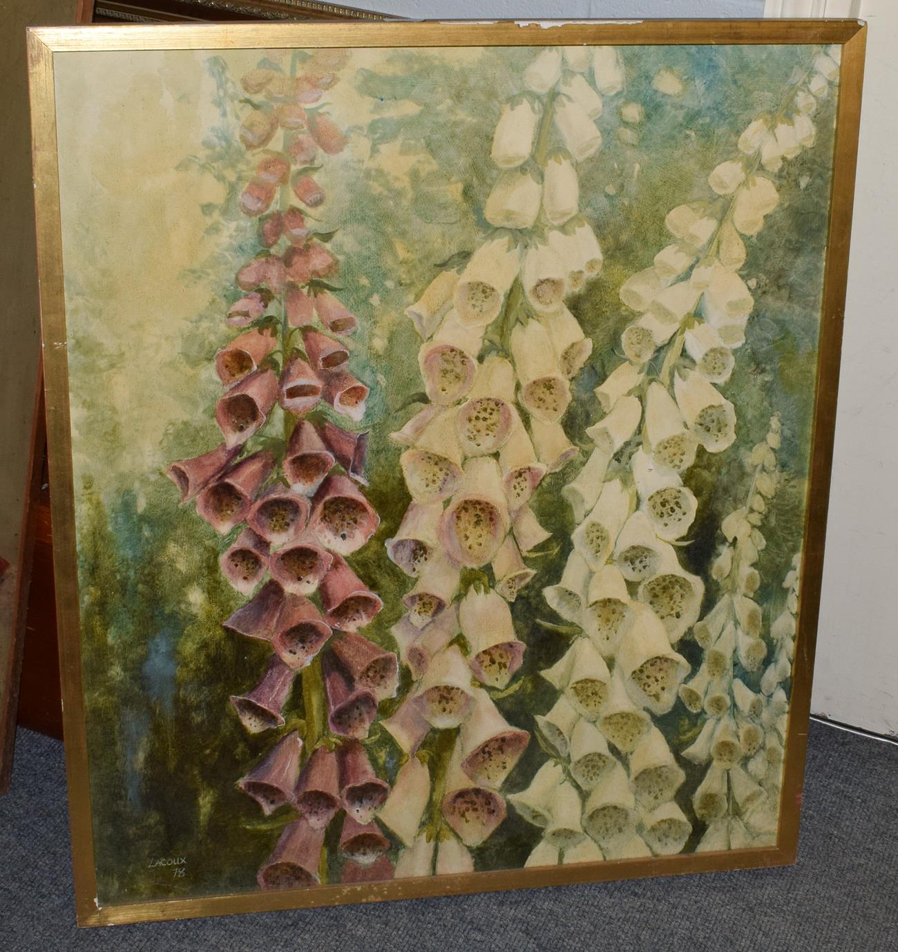 Lot 1090 - John Lacoux, Foxgloves, signed and dated (19)78, oil on board, 87.5cm by 74.5cm