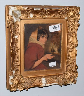 Lot 1094 - 19th century school, portrait of a young girl in a bonnet and red cape, watercolour, unsigned, 15cm