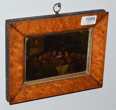 Lot 1095 - Style of Teniers, Religious gathering, oil on  panel, 10cm by 15cm, contained in a bird's eye maple